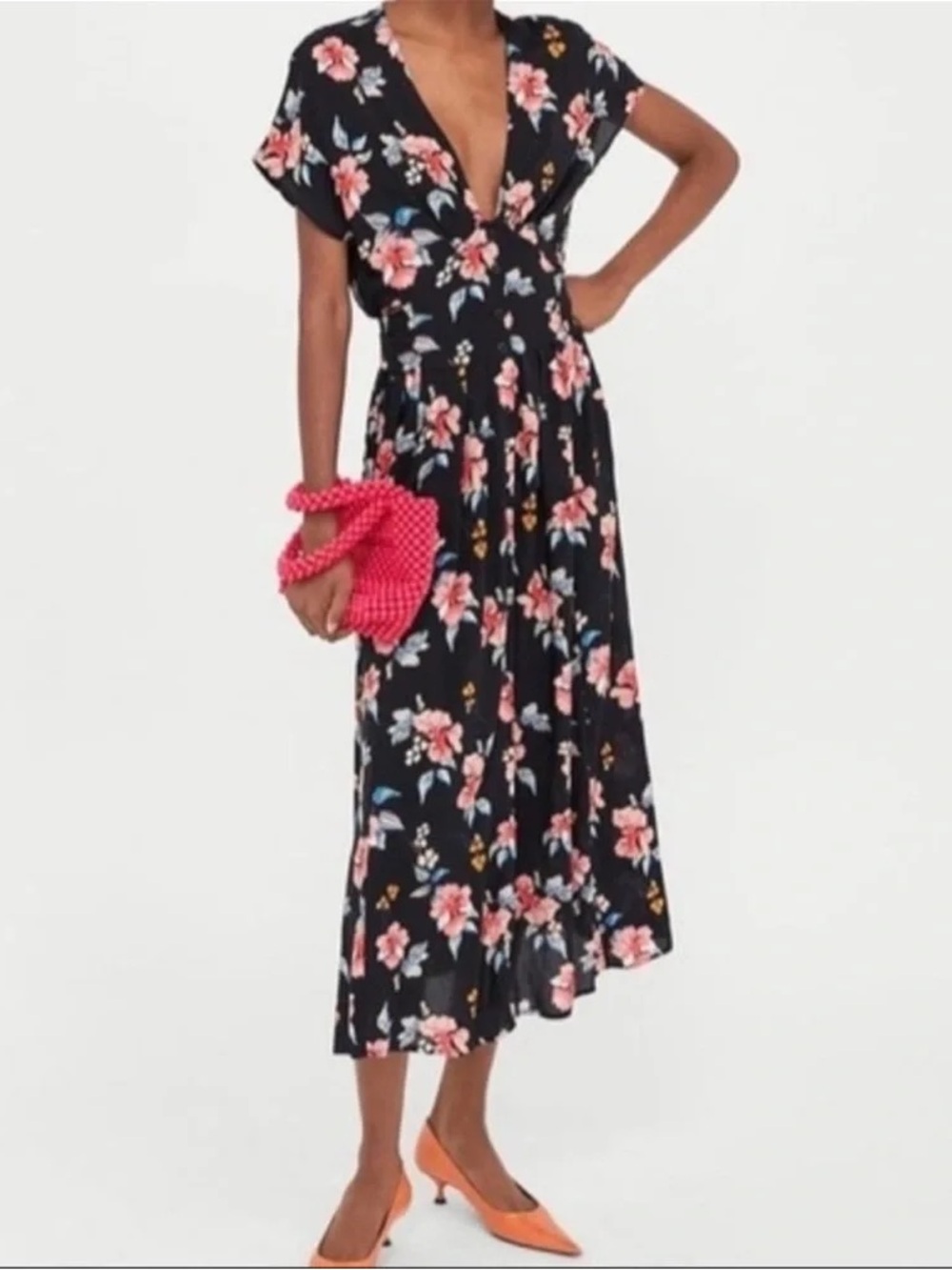 Zara Black Midi Dress with Pink Floral Print